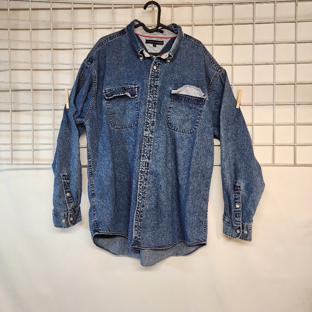 Y2k 2000s 90s Denim Tommy Hilfiger Button Down Up Shirt XXL Mens Vintage